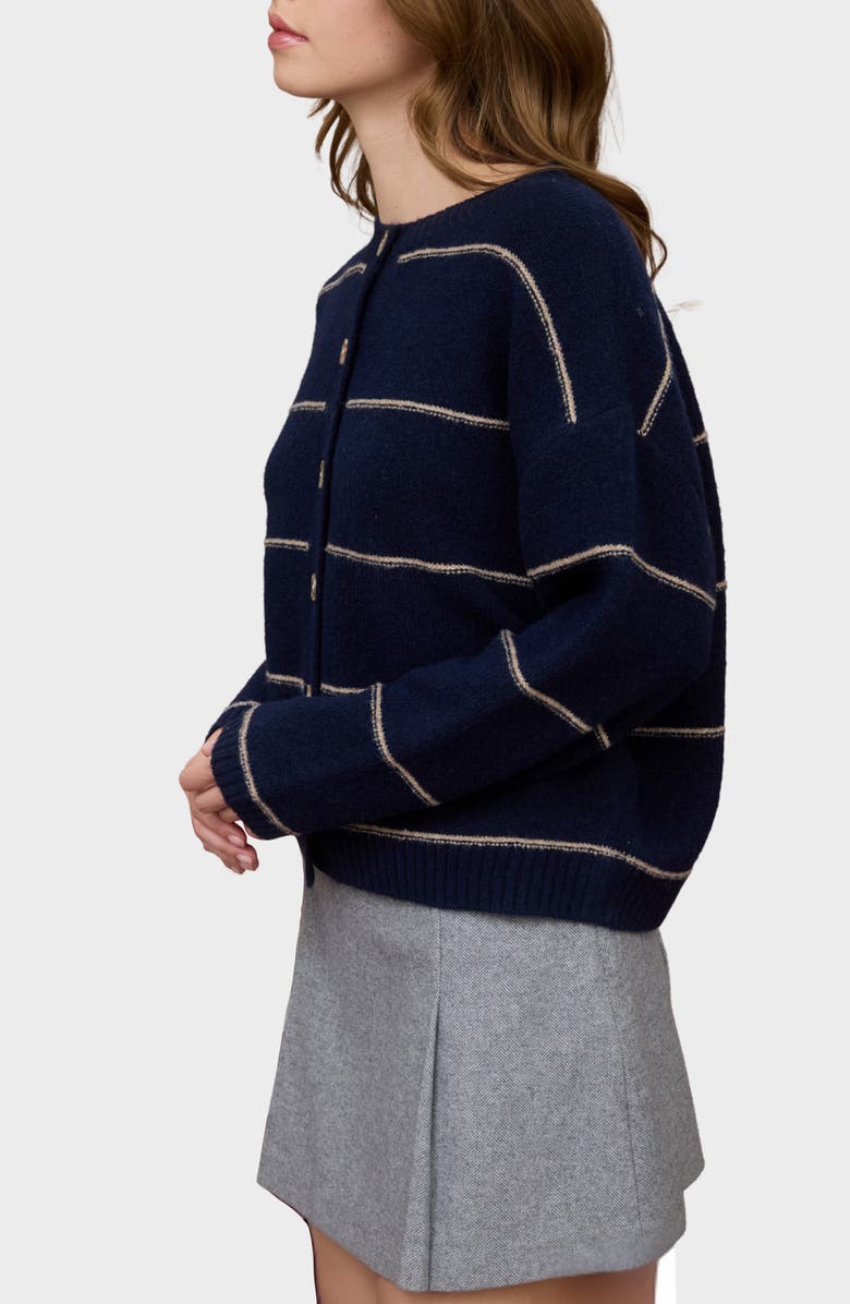 Blu Pepper Stripe Crewneck Cardigan, Alternate, color, Navy