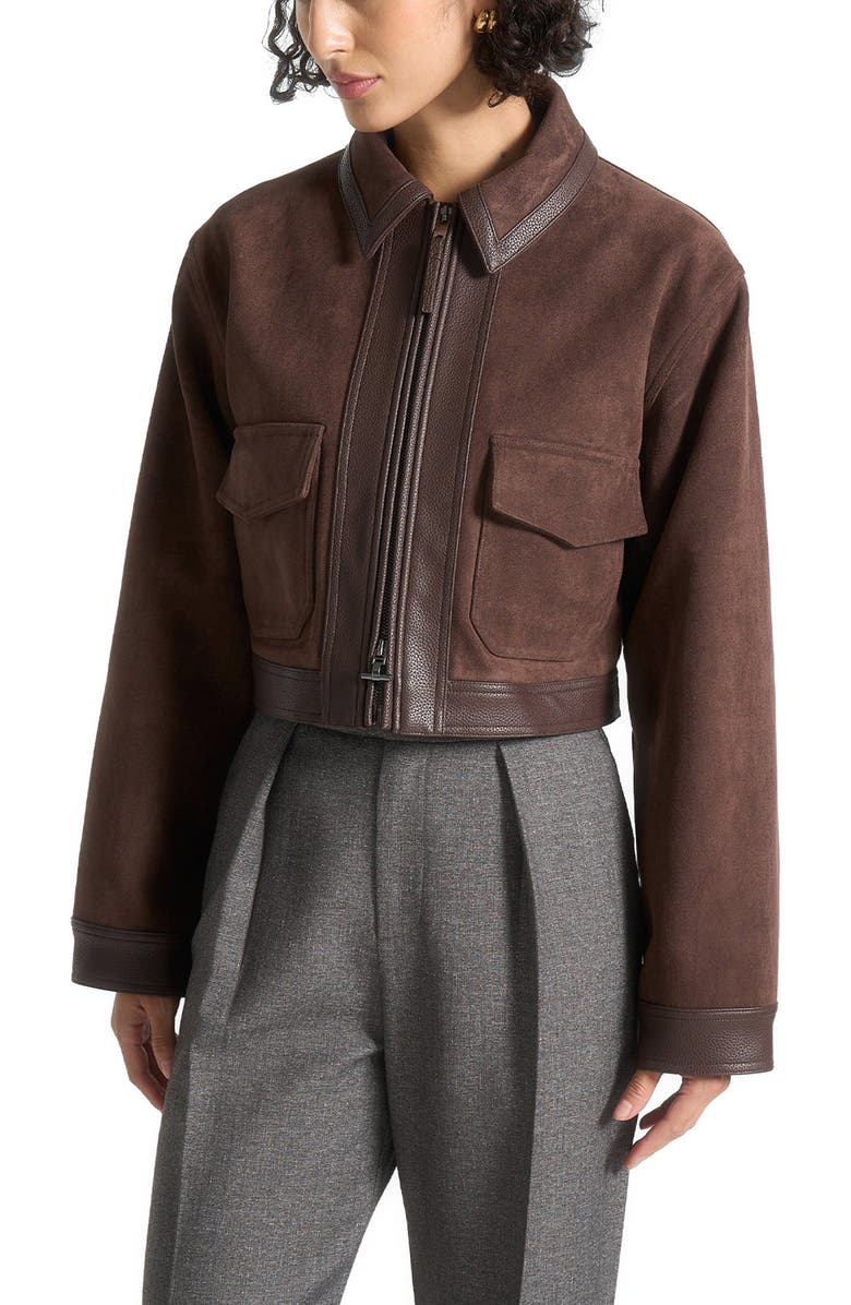 Manière De Voir Denise Suede & Pebbled Leather Jacket, Alternate, color, Brown