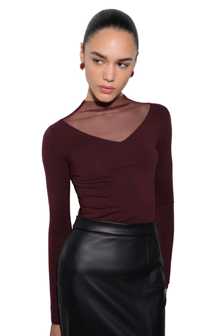 Saige Mesh Yoke Mock Neck Top, Alternate, color, BURGUNDY