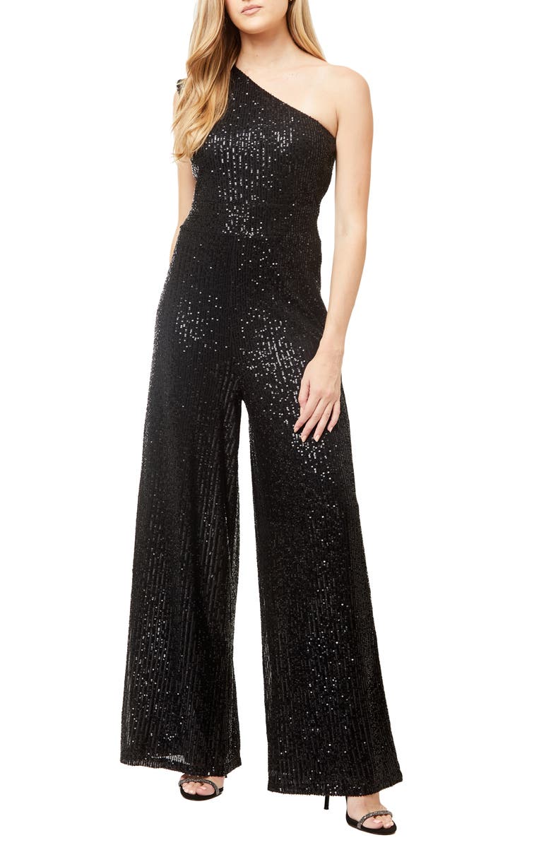 Love By Design Jupiter Sequin One-Shoulder Jumpsuit, Main, color, Black