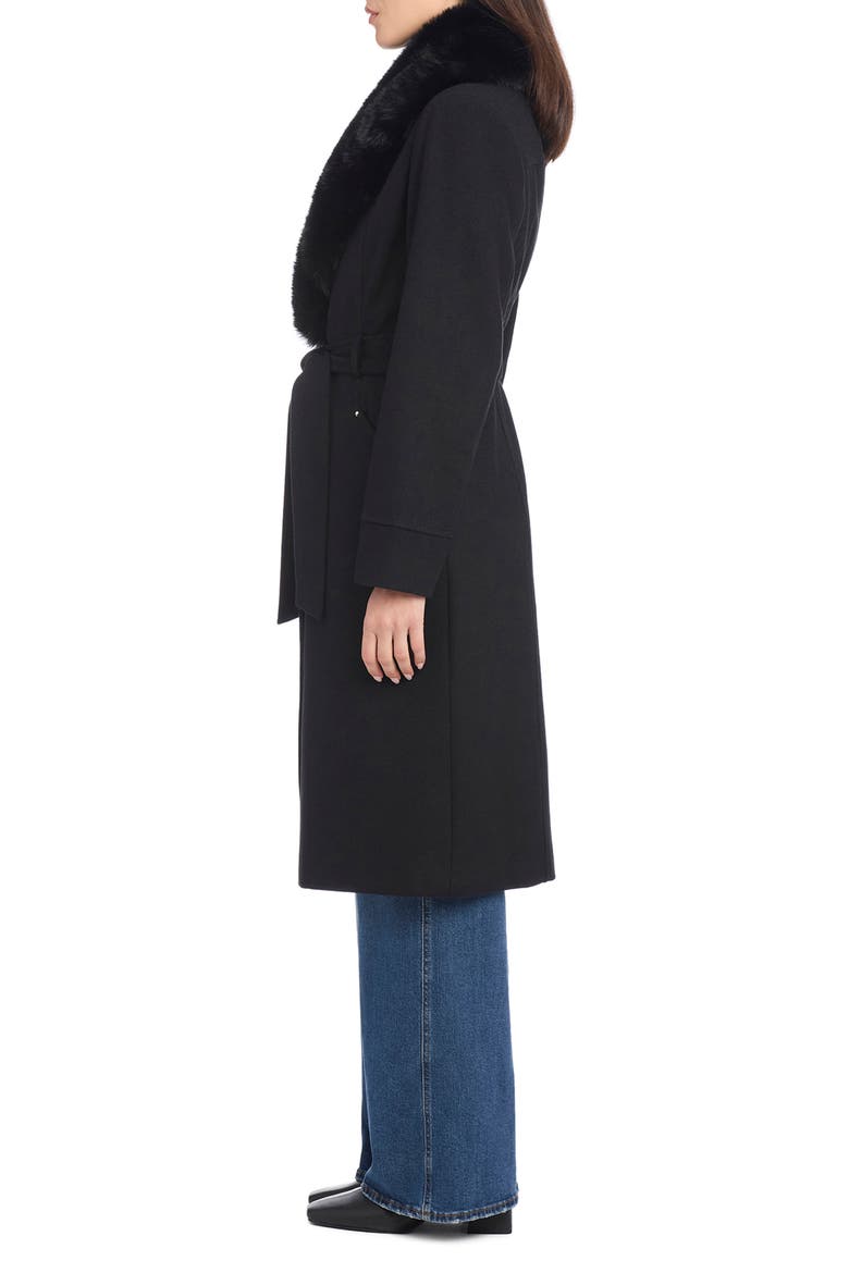 removable faux fur collar belted wool blend coat, Alternate, color, BLACK