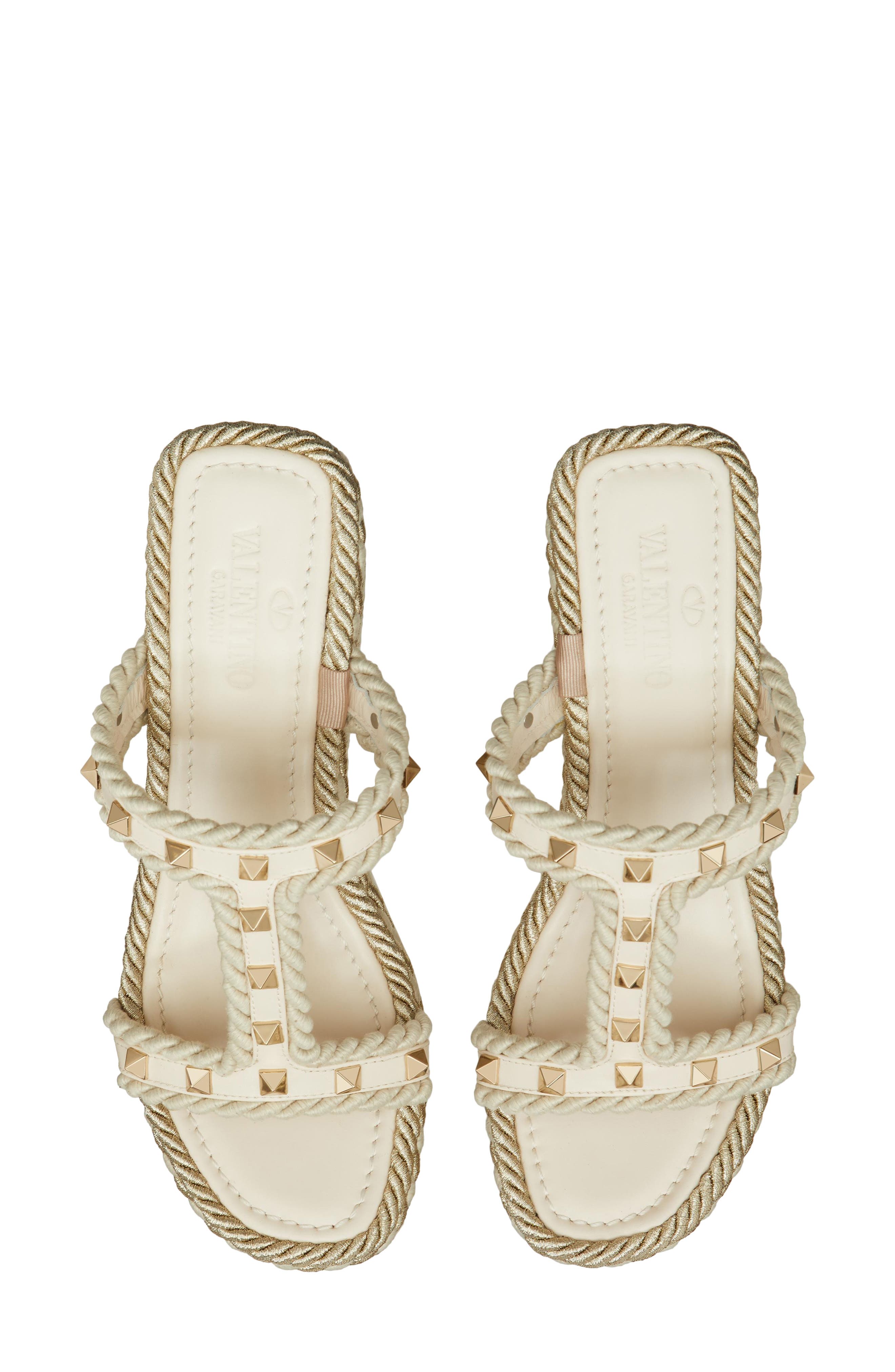Valentino Garavani Rockstud Torchon Wedge Sandal, Alternate, color, I16 Light Ivory