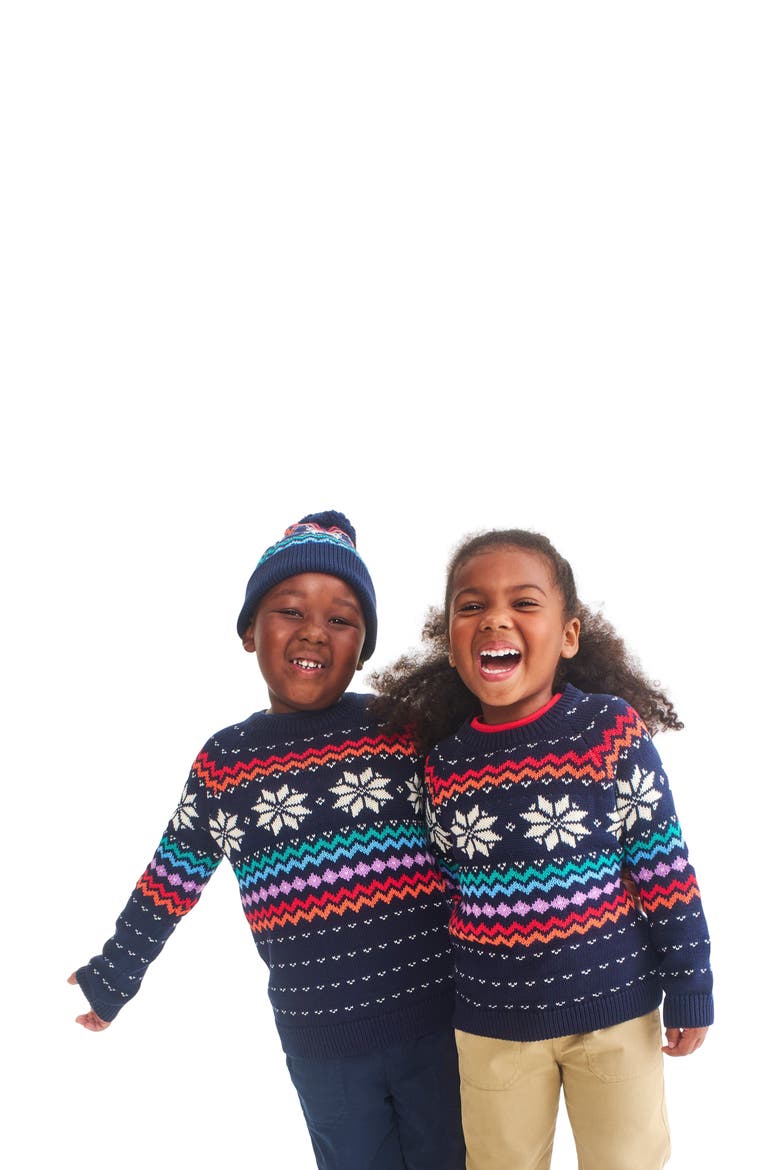 Kids Fair Isle Sweater, Alternate, color, Navy Rainbow Snowflake
