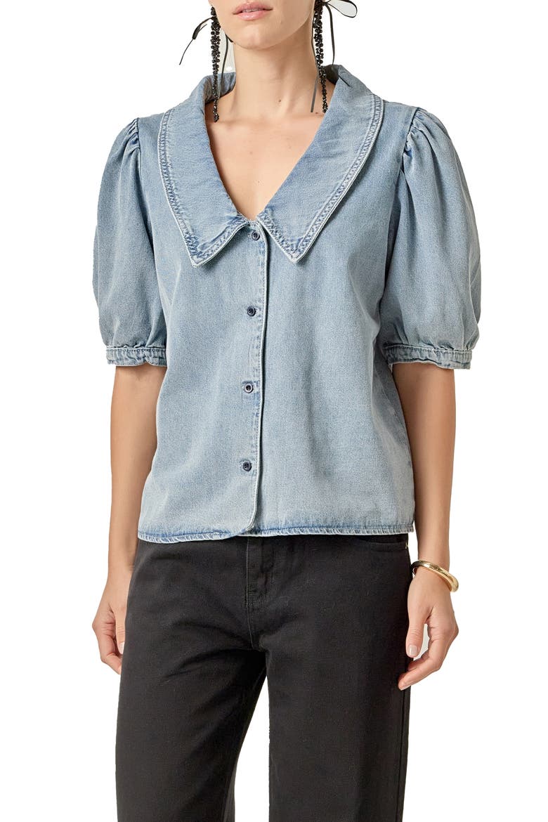 Peter Pan Collar Balloon Sleeve Denim Top (Women) | Nordstrom