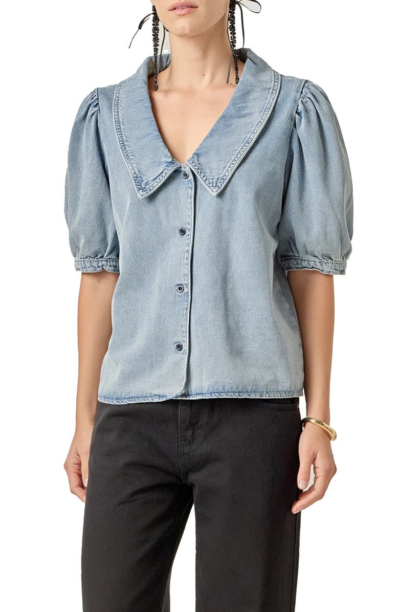 English Factory Peter Pan Collar Balloon Sleeve Denim Top, Alternate, color, Blue