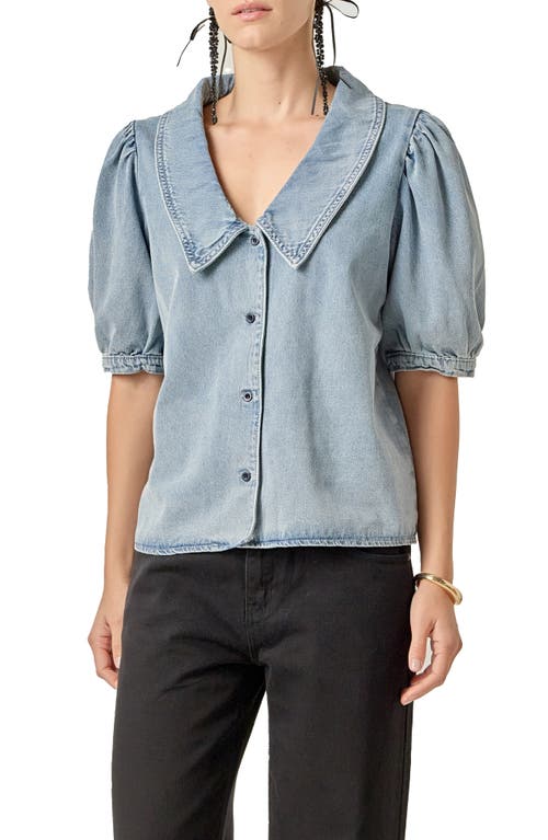 English Factory Peter Pan Collar Balloon Sleeve Denim Top In Brown