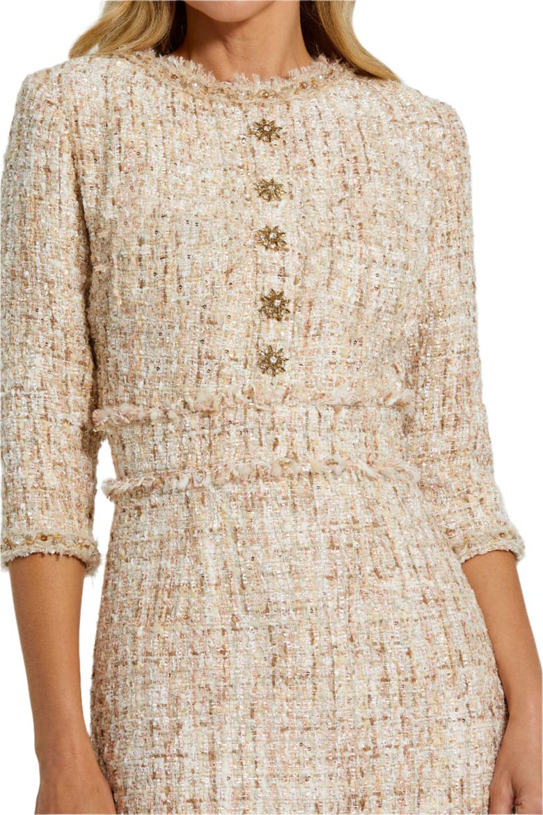 High neck 3/4 Sleeve Beaded Trim Midi Dress, Alternate, color, Blush