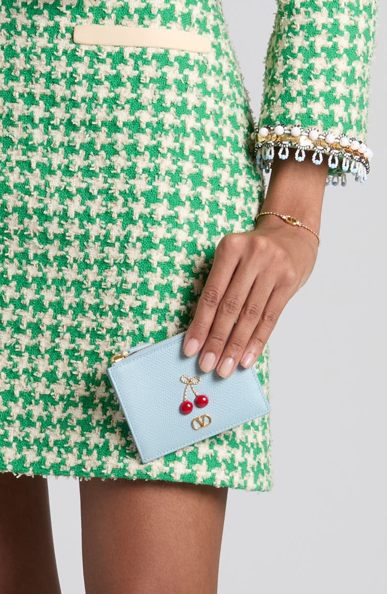 Valentino Garavani Cherryfic Leather Card Case, Alternate, color, Blue