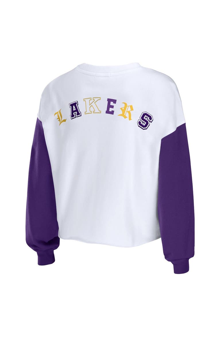Women's WEAR by Erin Andrews Heather Gold Los Angeles Lakers Mixed Letter Cropped Pullover Sweatshirt, Alternate, color, Heather Gold