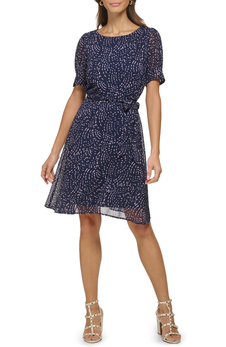 DKNY Puff Sleeve Chiffon Fit & Flare Dress, Main, color,