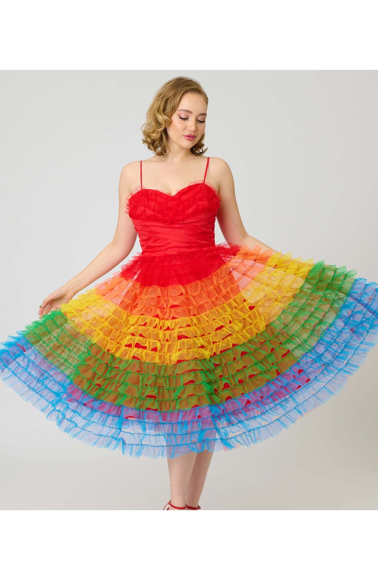 Unique Vintage Tulle Sweetheart Cupcake Swing Dress, Alternate, color, Red Rainbow Stripe