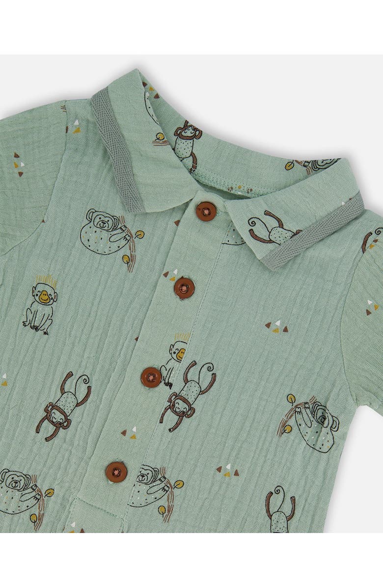 Deux par Deux Baby Boy's Printed Muslin Romper Sage Monkey, Alternate, color, Sage Monkey