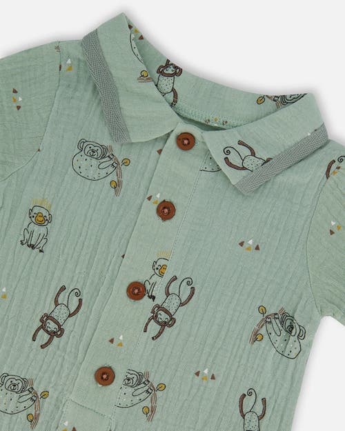 Deux Par Deux Baby Boy's Printed Muslin Romper Sage Monkey In Sage Monkey