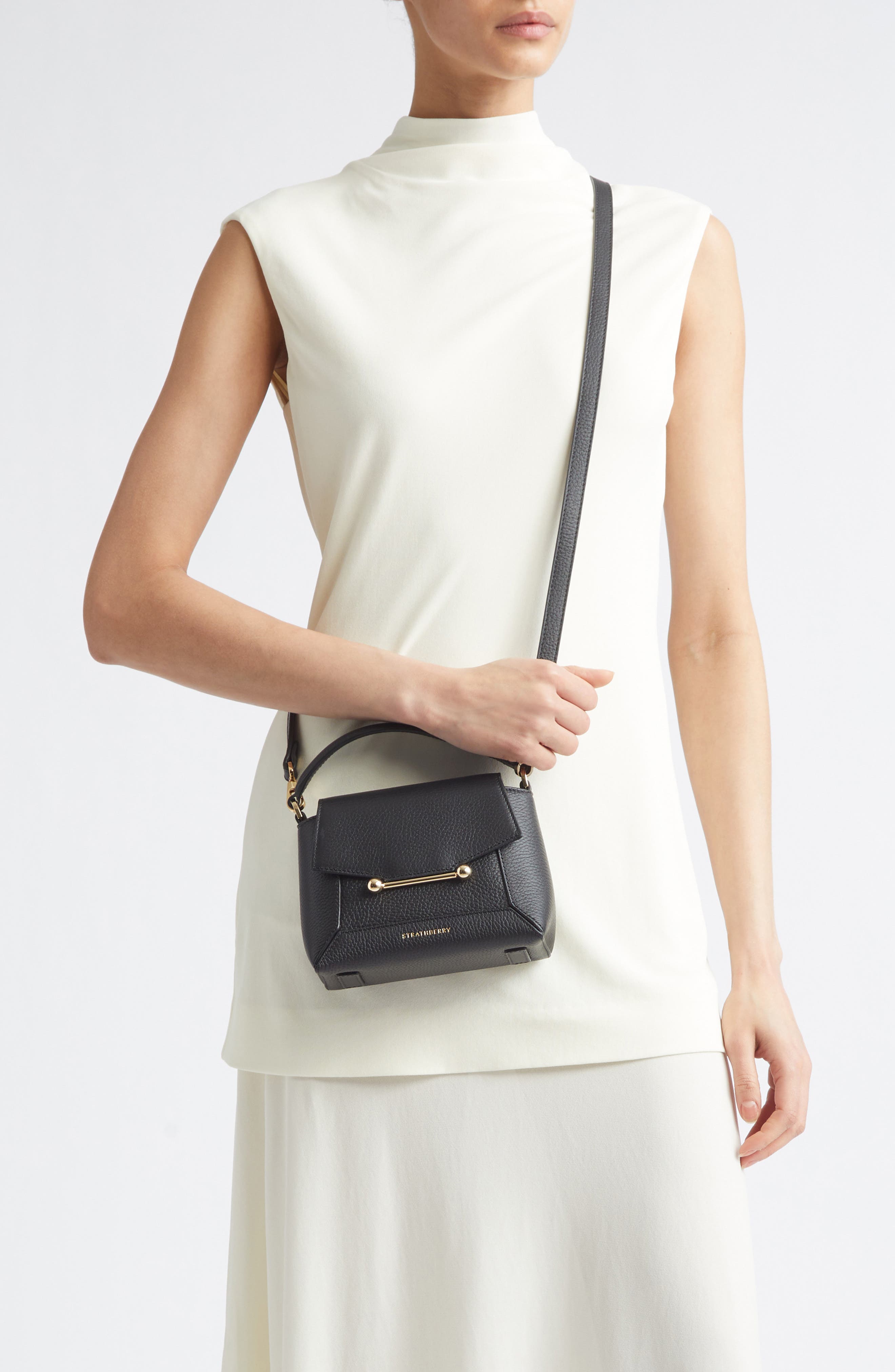 Strathberry Nano Mosaic Grained Leather Top Handle Bag, Alternate, color, Black