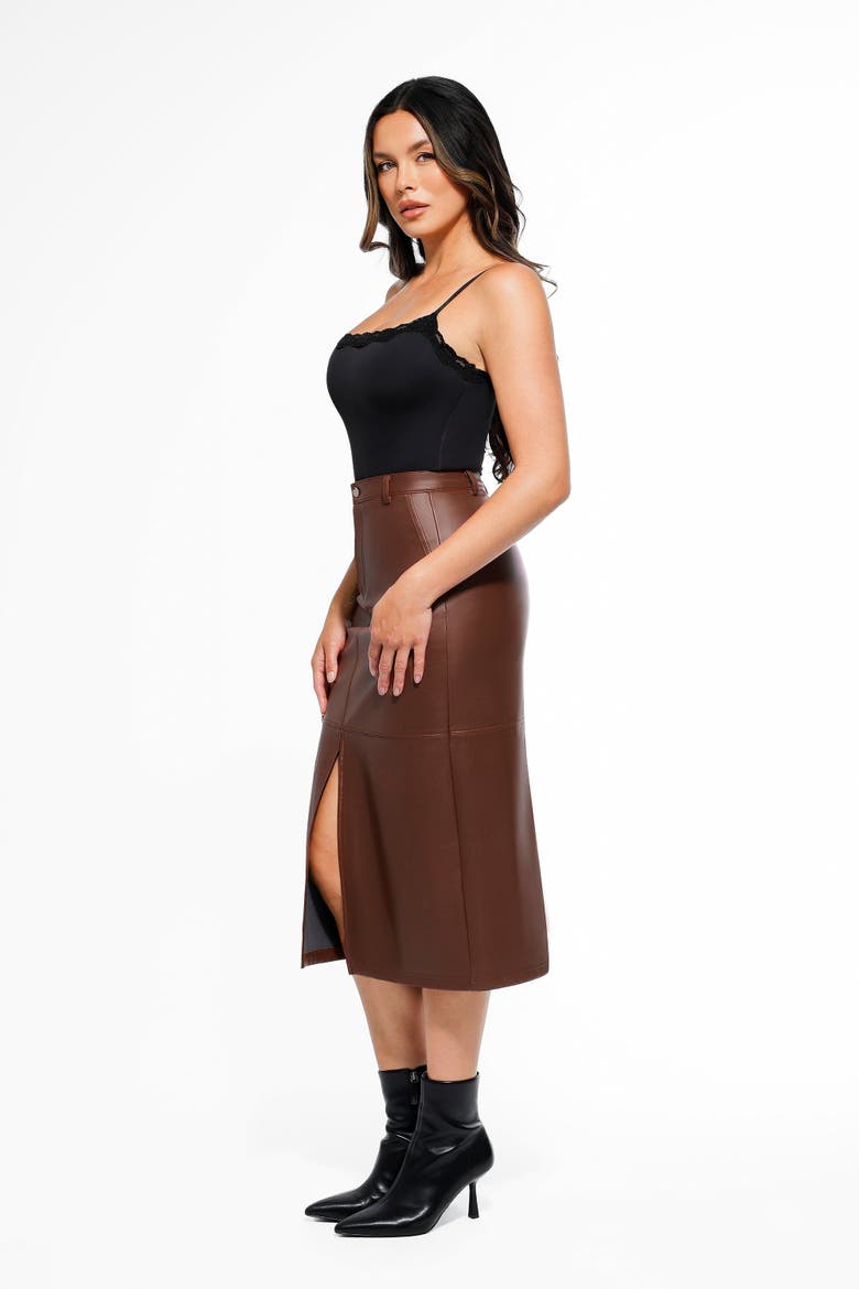 Sculpted Faux Leather Contour Skirt, Alternate, color, Saddle Brown