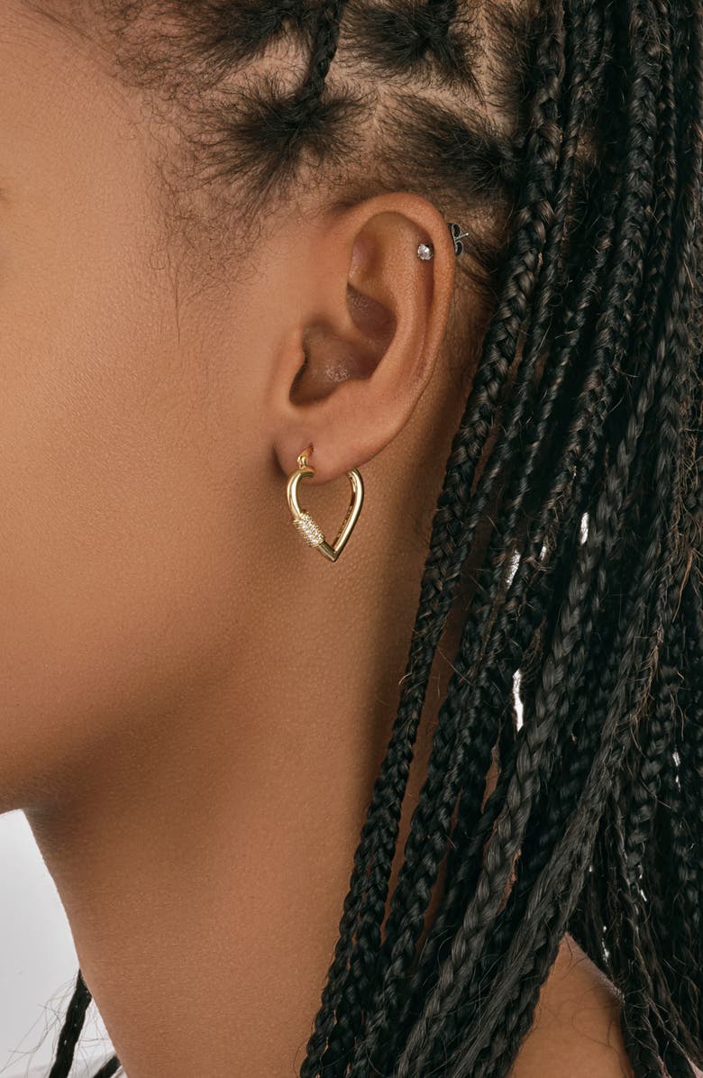 Sterling Forever CZ Heart Carabiner 25mm Hoop Earrings, Alternate, color, 