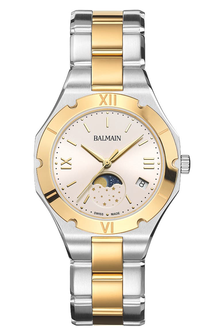 Be Balmain Moonphase Two-Tone Bracelet Watch, 33mm, Main, color, TWO TONE STEEL GOLD PVD