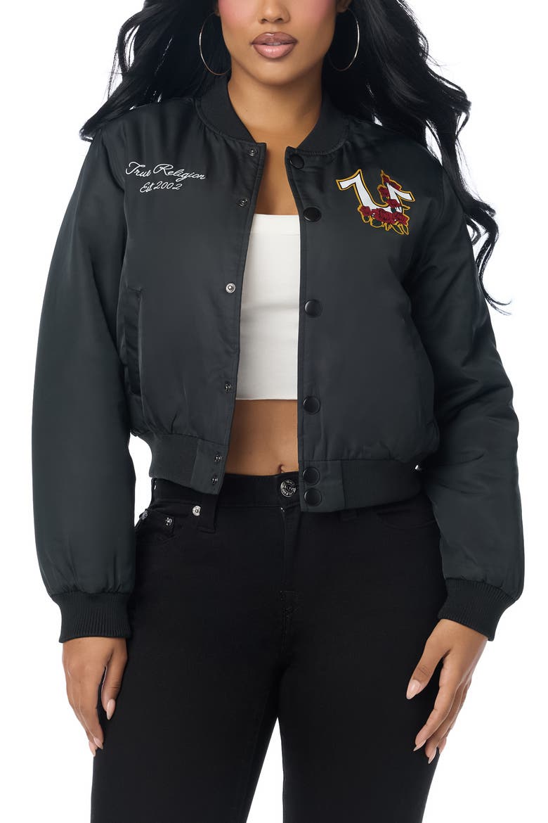 Patch Nylon Bomber Jacket, Main, color, JET BLACK