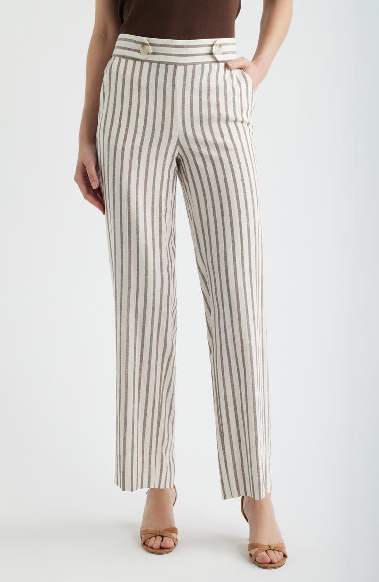 Anne Klein Stripe High Waist Straight Leg Pants, Main, color, Wht Dv/ Dk Choc