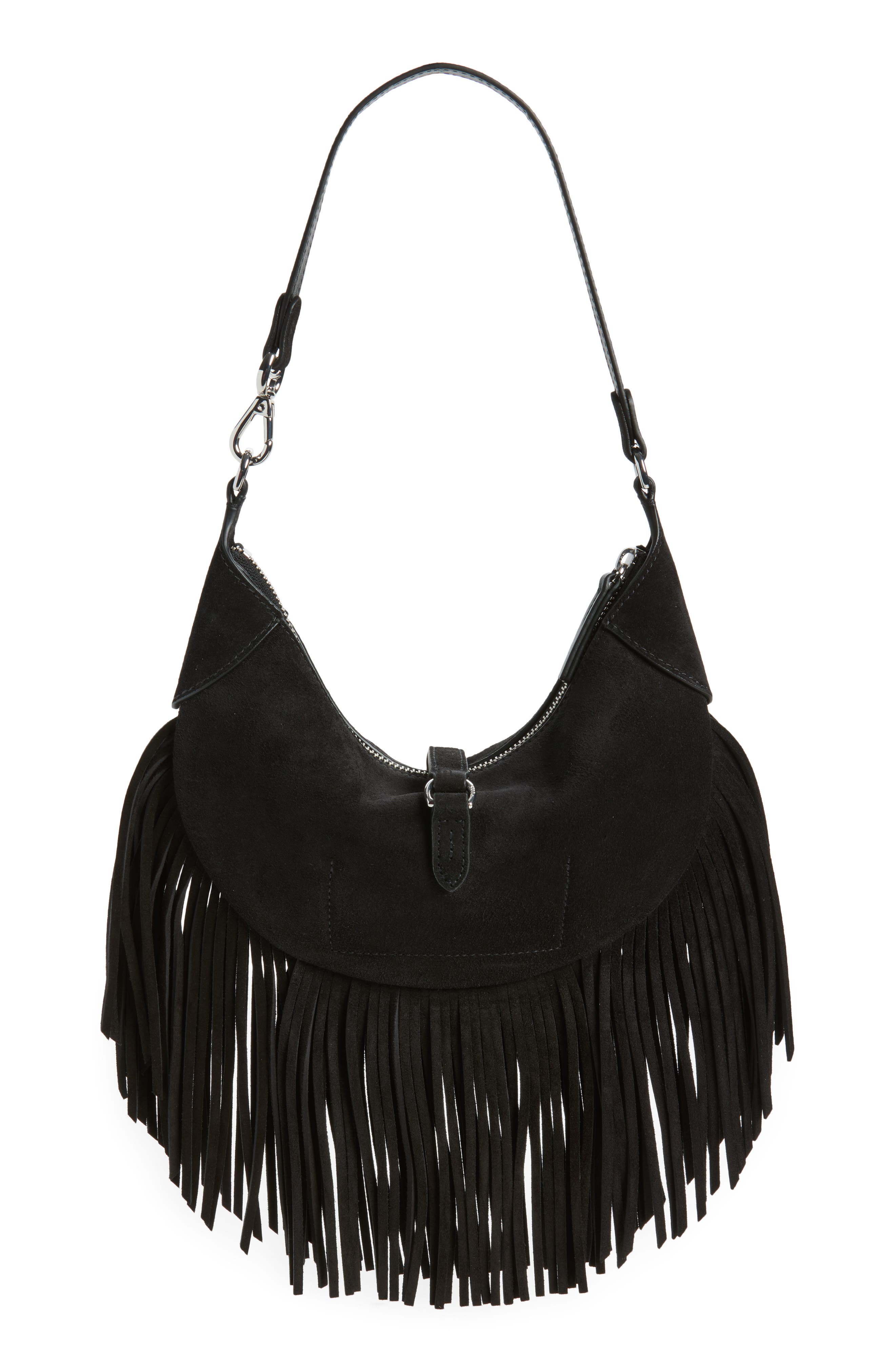 Fringe Suede Hobo Bag, Alternate, color, BLACK