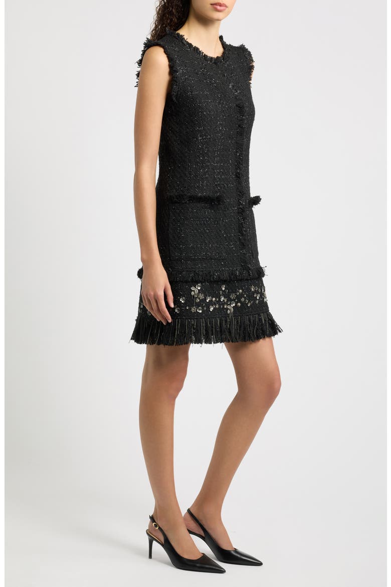 Rives Metallic Floral Appliqué Tweed Dress, Alternate, color, BLACK