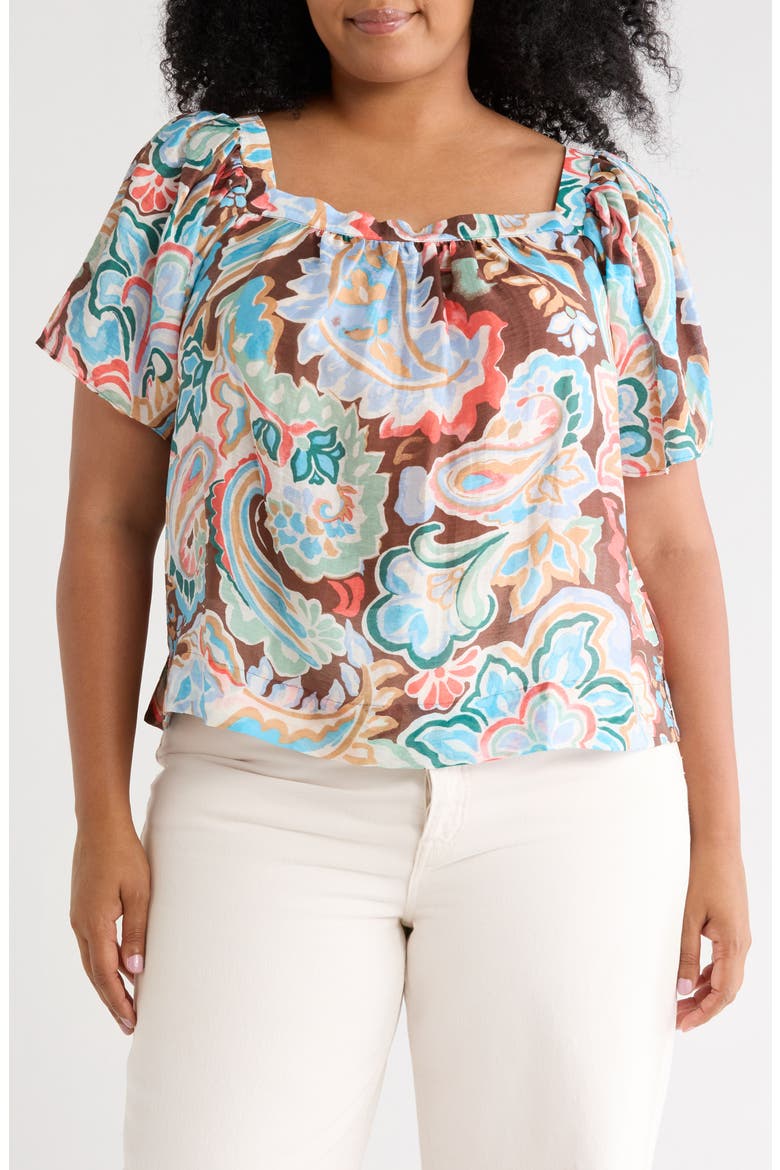 Floral Short Sleeve Tiered Top, Main, color, COCOA