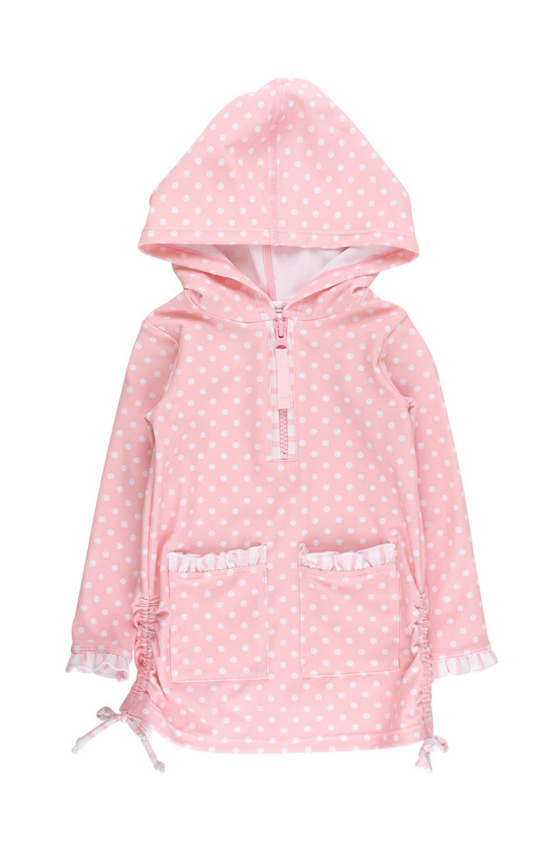 RuffleButts Sun Protective Ruched Quarter-Zip Cover-Up, Main, color, Pink Polka Dot