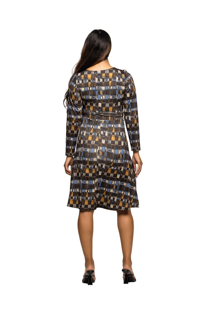 24seven Comfort Apparel Long Sleeve Wrap Dress with Belt in Geometric Print, Alternate, color, Brown Multi