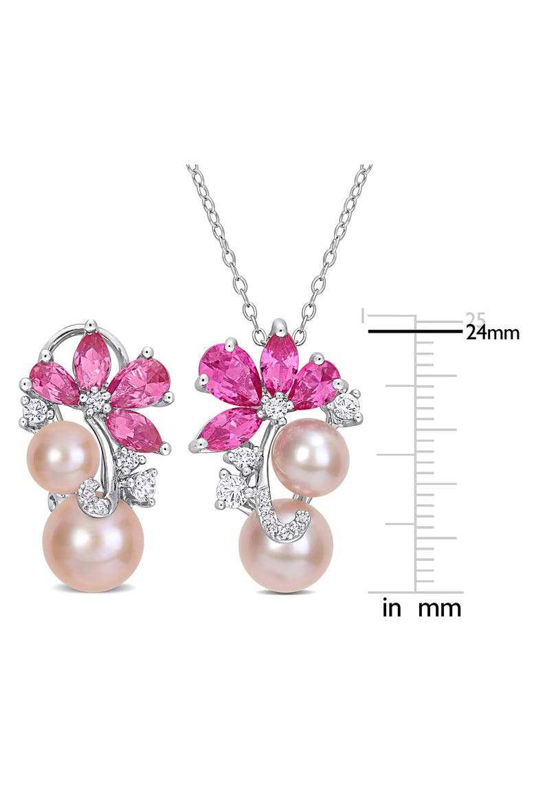 Pink Cultured Freshwater Pearl & Lab Grown Sapphire Flower Necklace & Earrings Set, Alternate, color, PINK