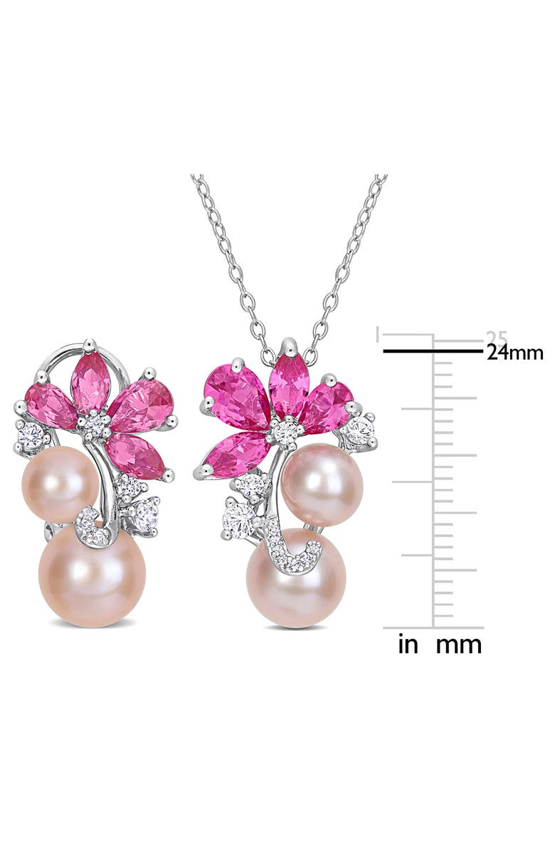 DELMAR Pink Cultured Freshwater Pearl & Lab Grown Sapphire Flower Necklace & Earrings Set, Alternate, color, Pink