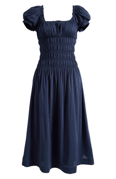 Riva Shirred Puff Sleeve Midi Dress