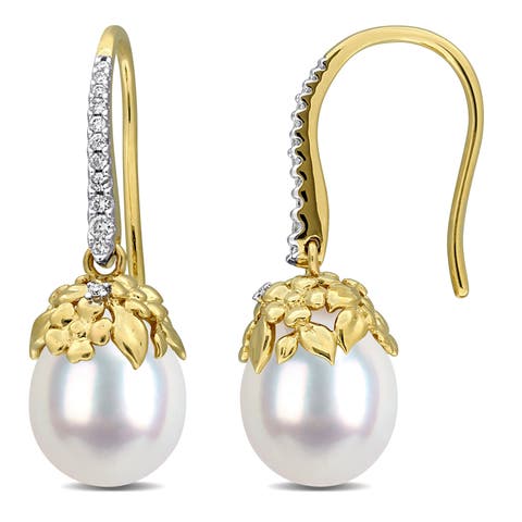 Cultured Pearl & Diamond Hook Earrings 14k