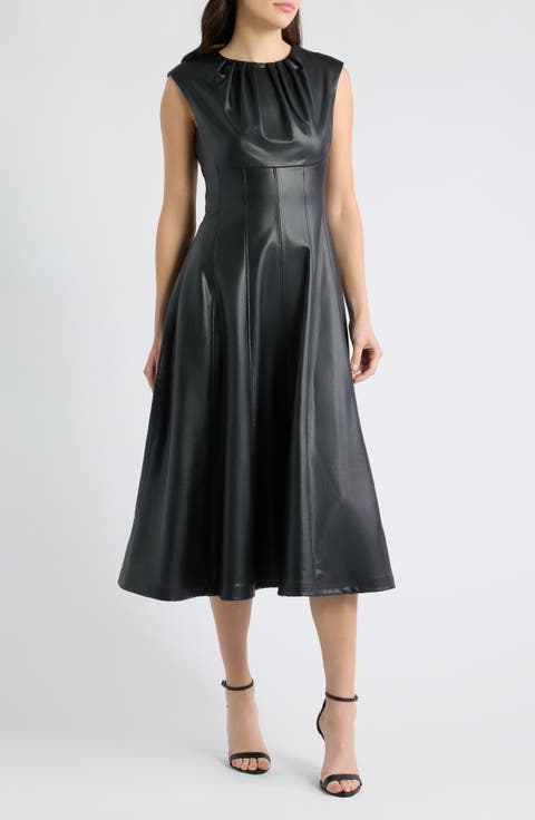 Pleated Neck Faux Leather A-Line Midi Dress