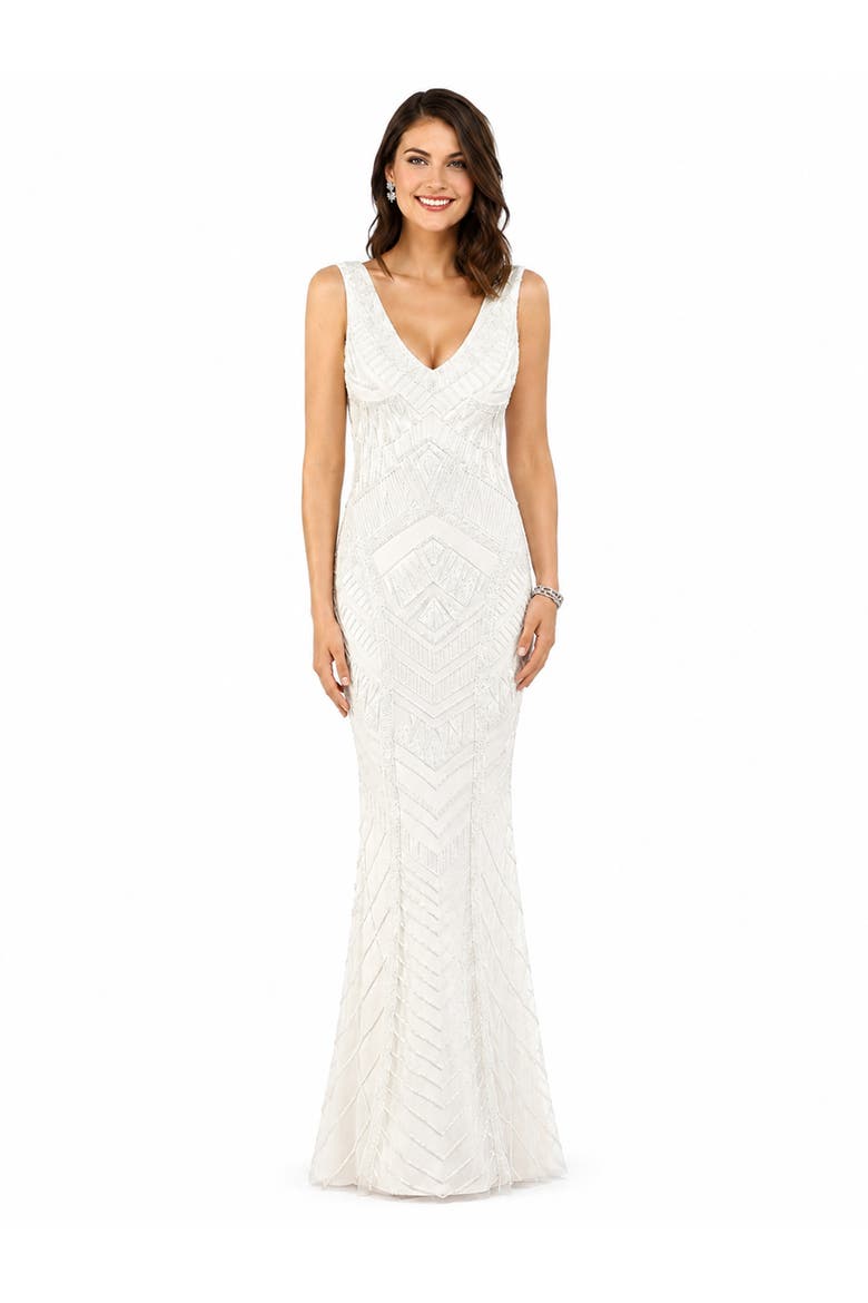 Beaded Faux-Wrap V-Neck Bridal Gown, Main, color, White