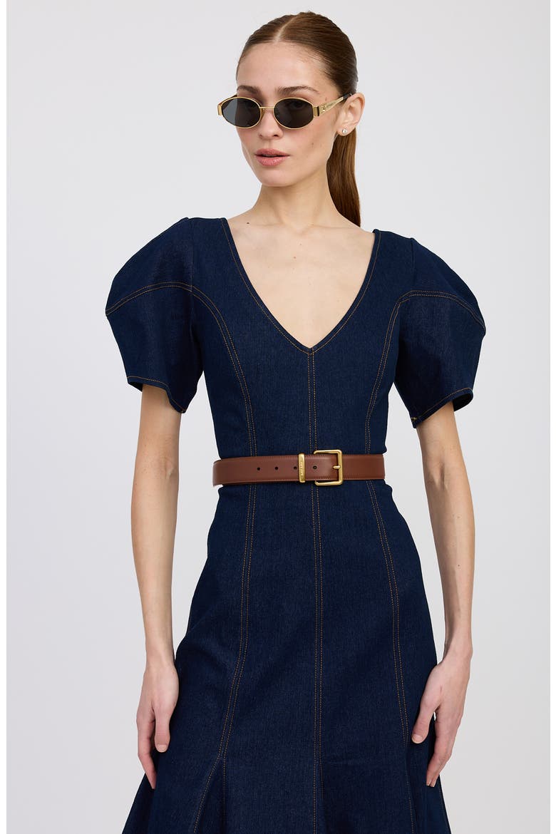 Seraphina Puff Sleeve Denim Midi Dress, Alternate, color, INDIGO
