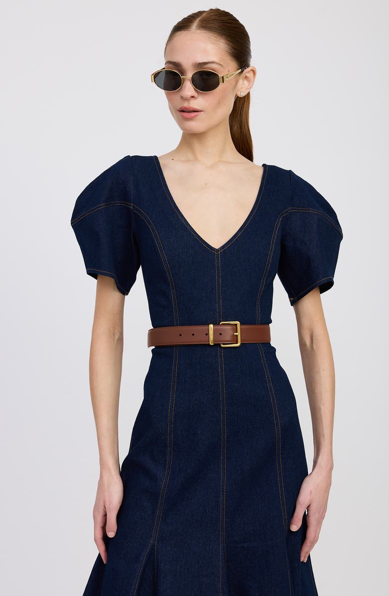 En Saison Seraphina Puff Sleeve Denim Midi Dress, Alternate, color, Indigo