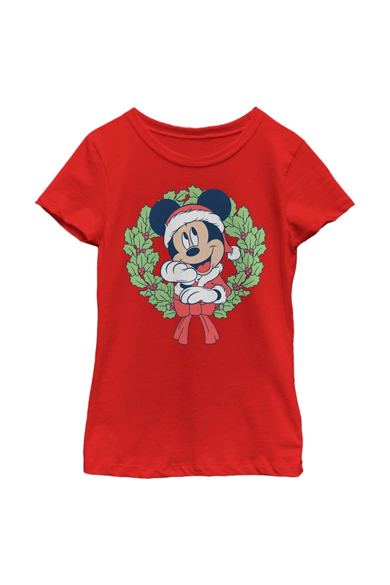 Girl's Mickey & Friends Mickey Mouse Christmas Wreath Graphic Tee, Main, color, Red