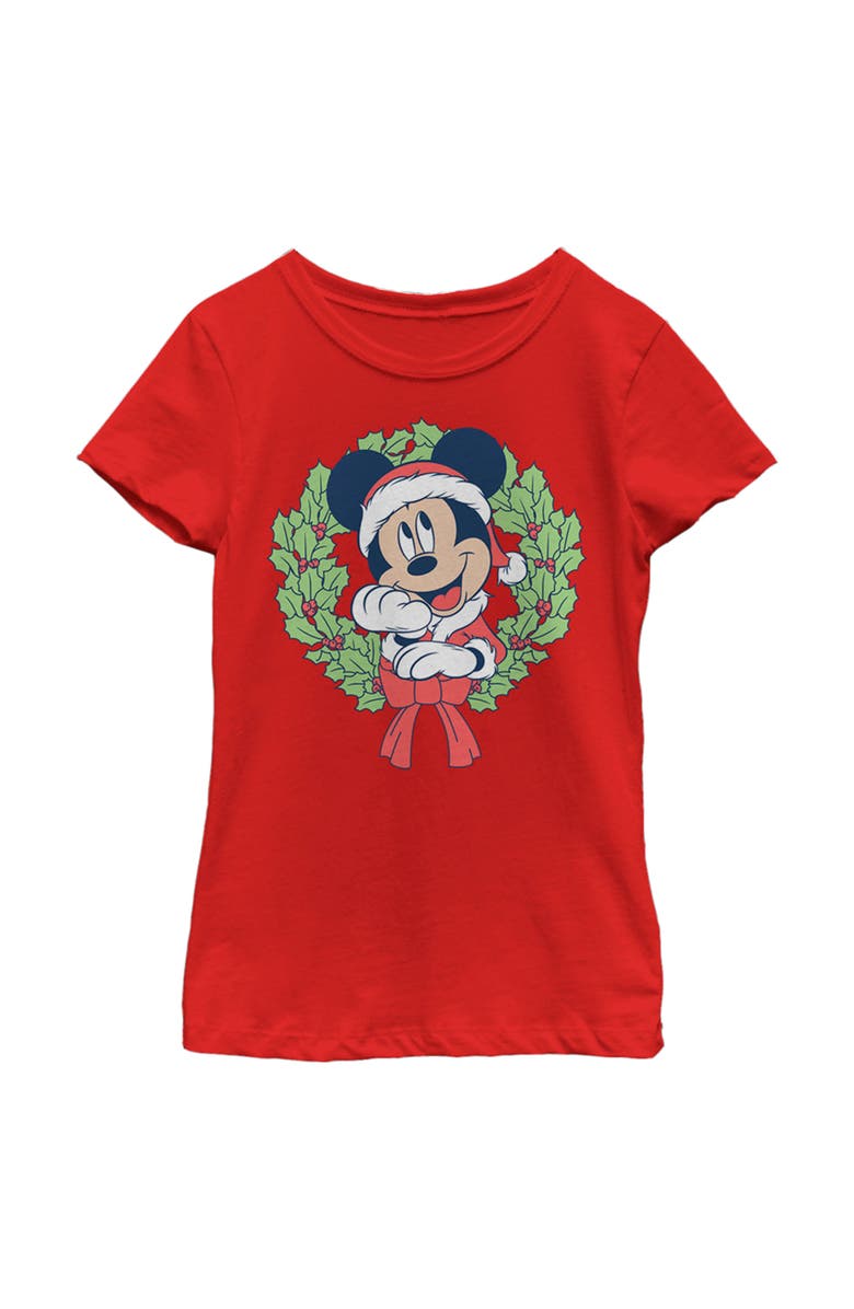 Mickey & Friends Girl's Mickey & Friends Mickey Mouse Christmas Wreath  Graphic T-Shirt, Main, color, Red