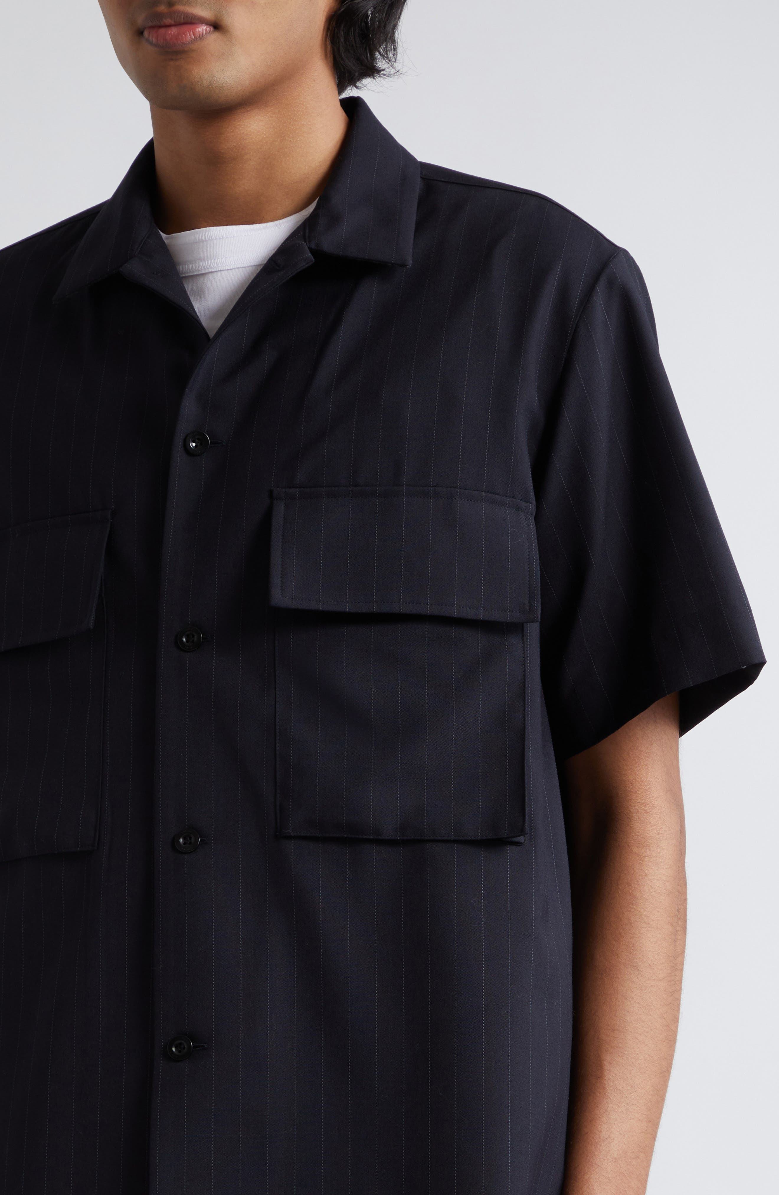 Sacai Chalk Stripe Suiting Camp Shirt (Men) | Nordstrom