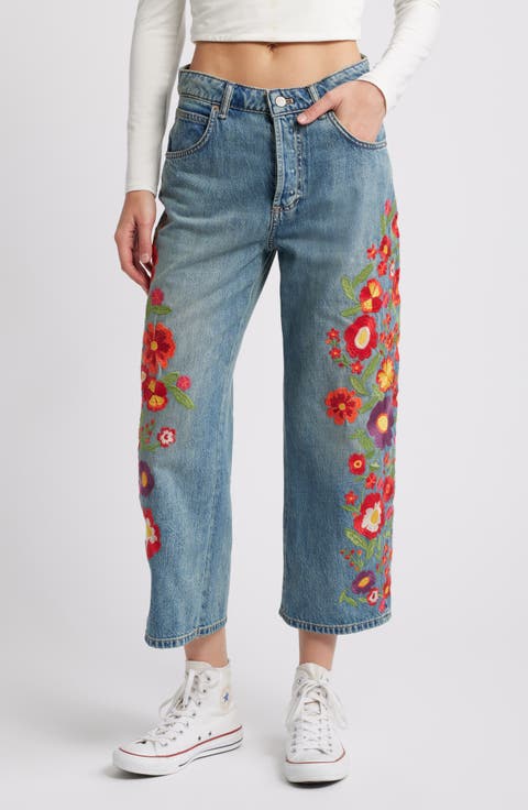 Deep Trance Floral Embroidered Nonstretch Wide Leg Jeans (Retrograde)