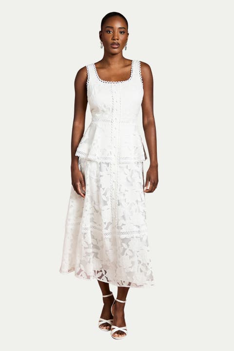 Peplum Hem Button Down Lace Midi Dress