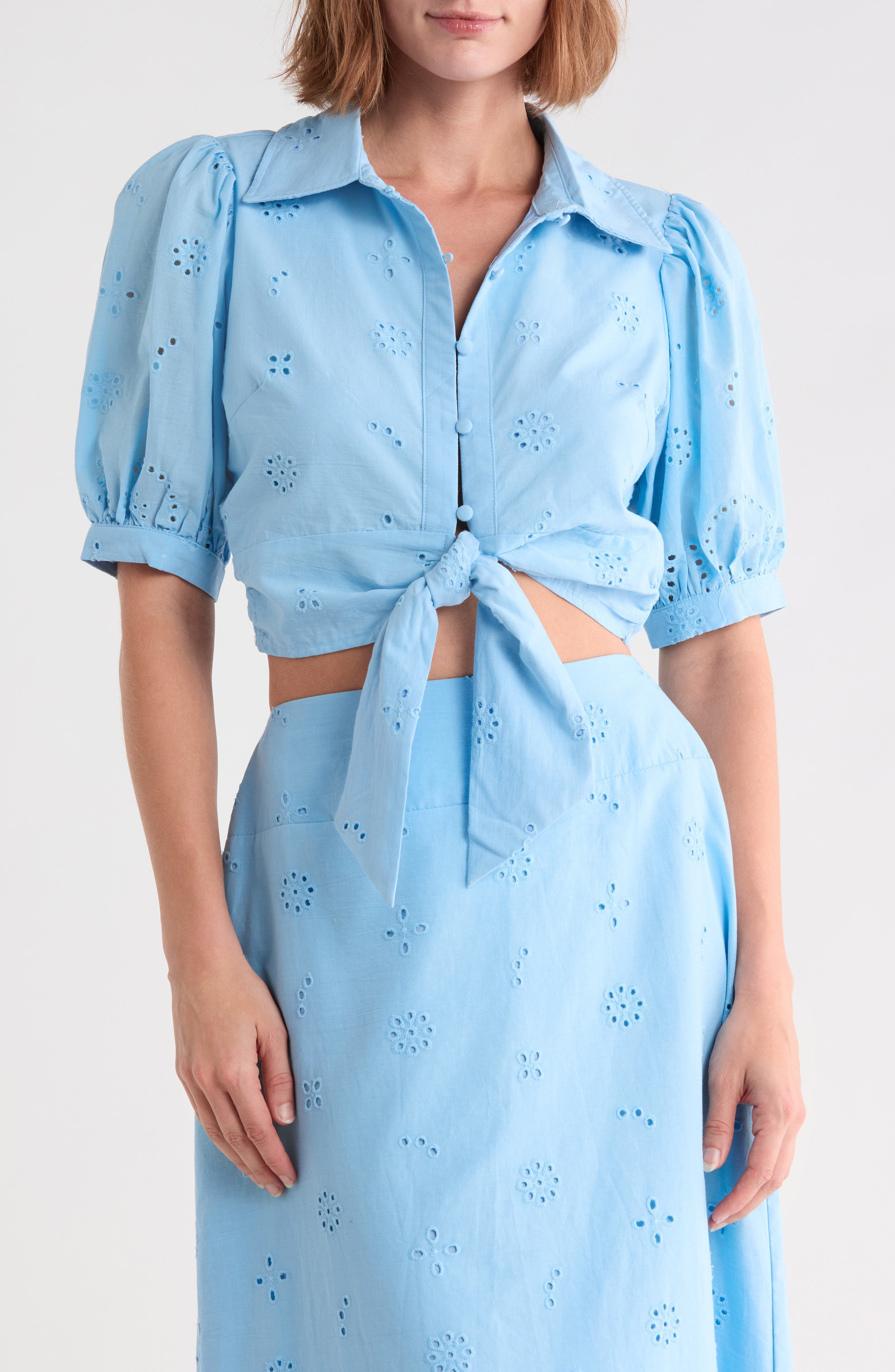 Gunhild Embroidered Eyelet Tie Front Top