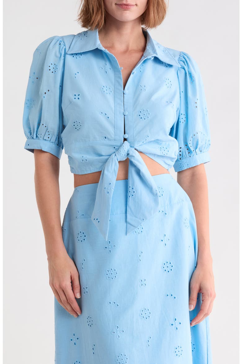Gunhild Embroidered Eyelet Tie Front Top, Main, color, BLUE