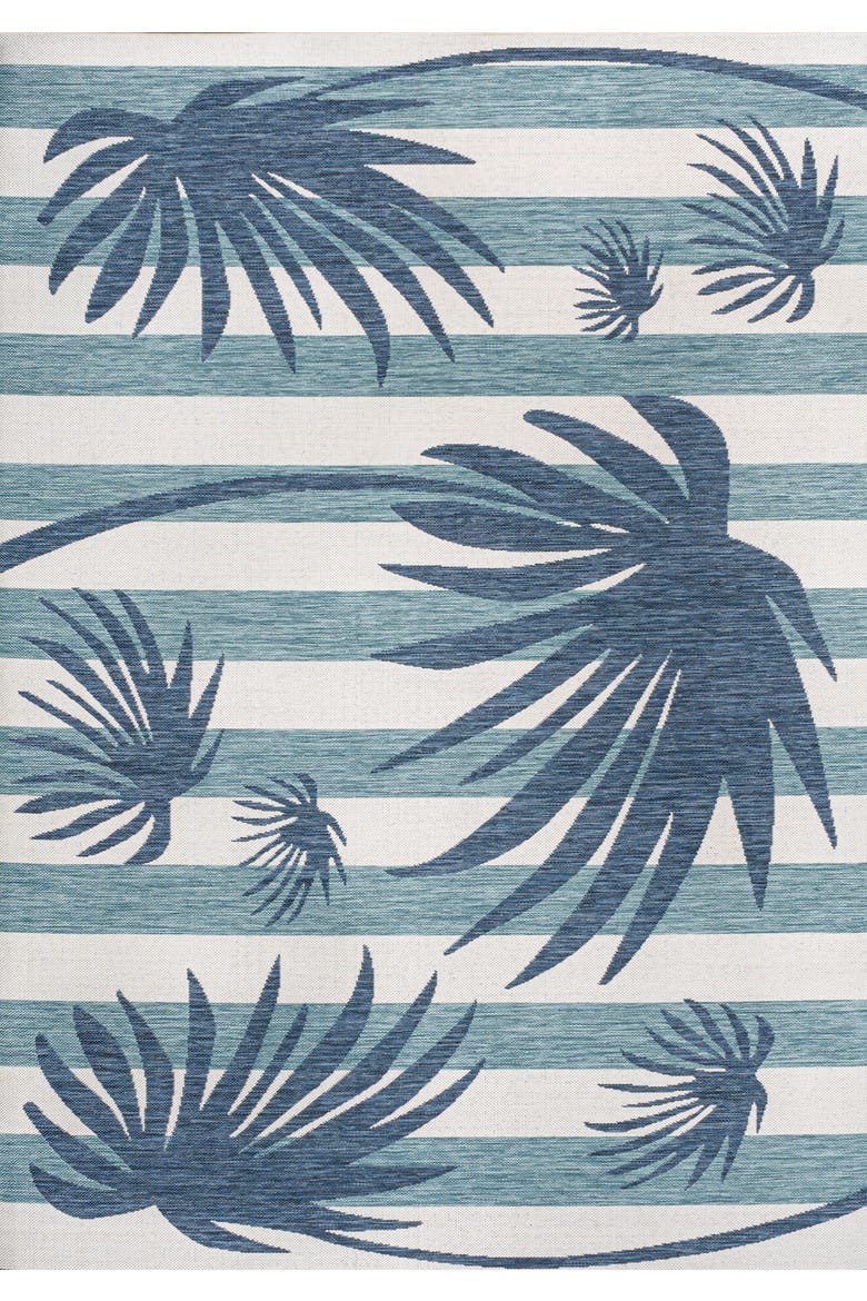 Veronica Classic Beach Stripe and Palm Leaf Indoor/Outdoor Rug, Main, color, Navy/Cream