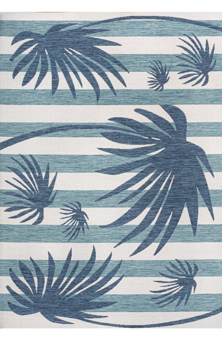 JONATHAN Y Veronica Classic Beach Stripe and Palm Leaf Indoor/Outdoor Rug, Main, color, Navy/Cream
