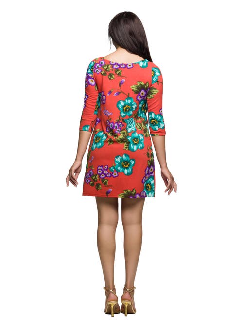 24seven Comfort Apparel Floral Print Three Quarter Sleeve A Line Knee Length Dress In Orange