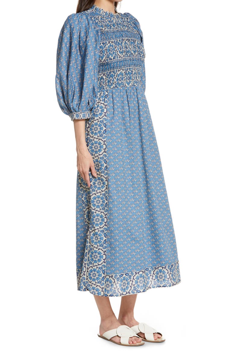 Fernanda Puff Sleeve Smocked Cotton Dress, Alternate, color, BLUE