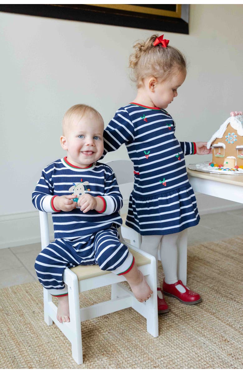 Florence Eiseman Stripe Knit Longall With Holiday Lights Dog, Alternate, color, Navy, Red, Green, White