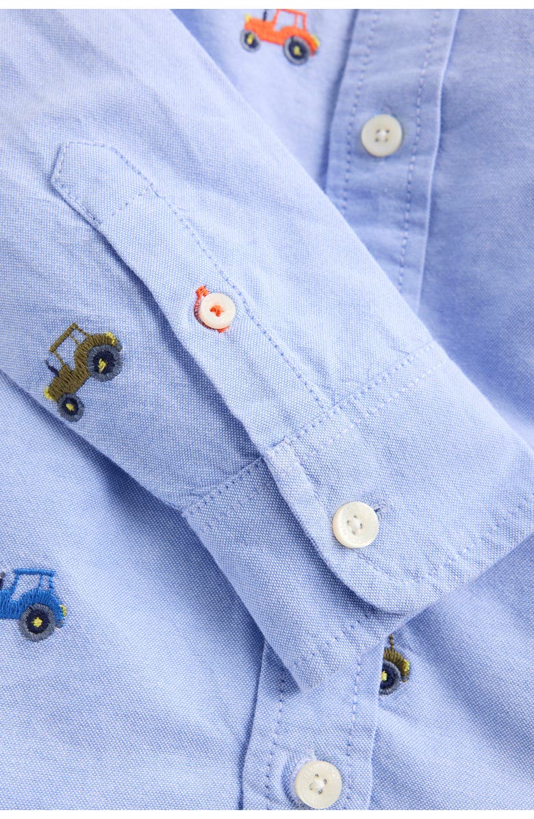 Mini Boden Kids' Embroidered Cotton Button-Down Shirt, Alternate, color, Tractor