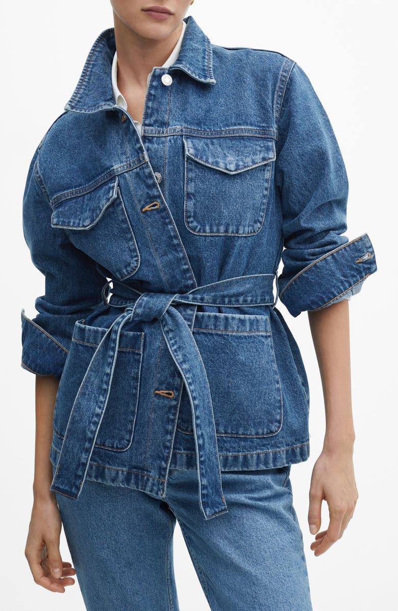 MANGO Tie Waist Denim Jacket, Main, color,